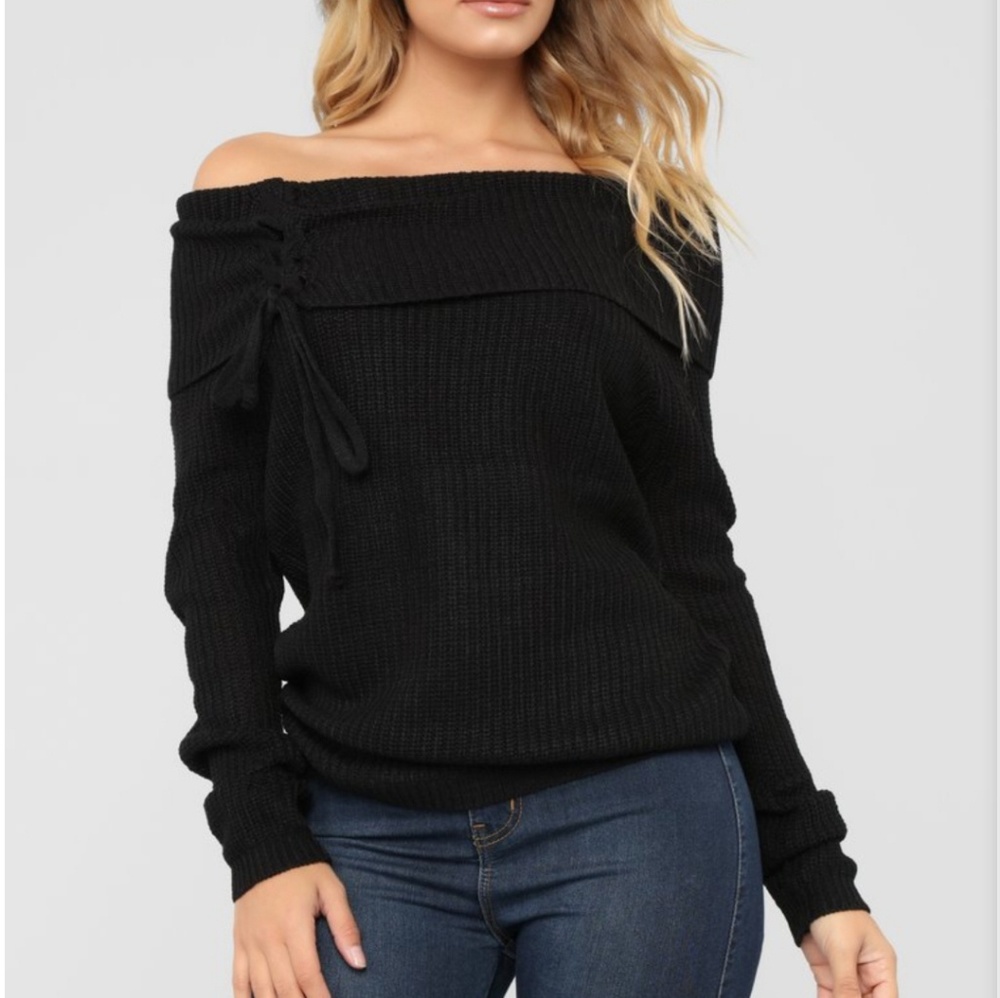 Tie me down off shoulder sweater (Fashion Nova)